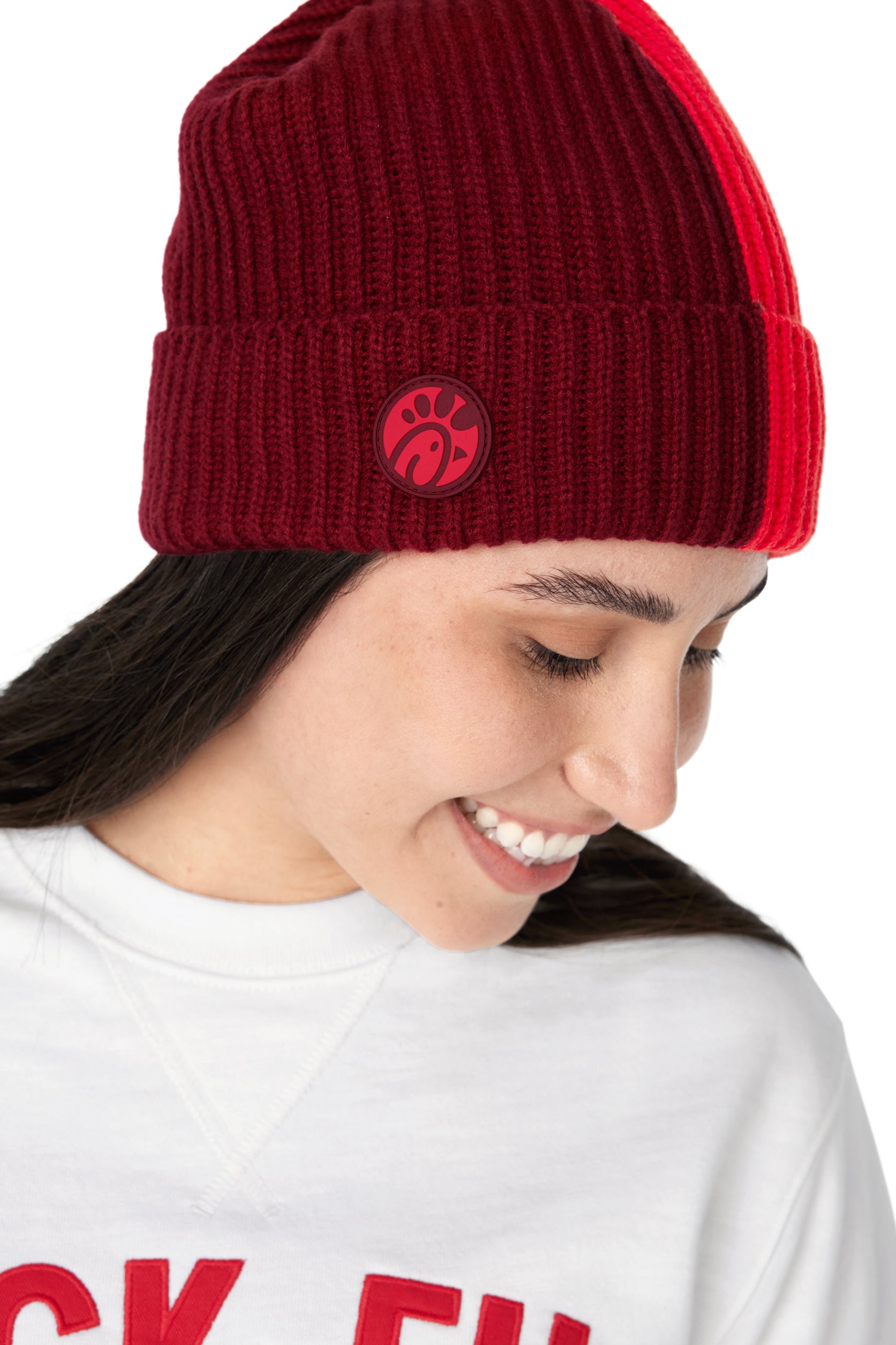 Color Blocked Red Cuffed Knit Beanie Chick Fil A