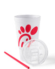 The Original Chick-fil-A 24oz Insulated Tumbler with straw and lid sitting in front of it