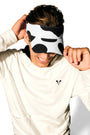 Man wearing Lightweight Cow Pullover hoodie with Adjustable Cow Print Visor.