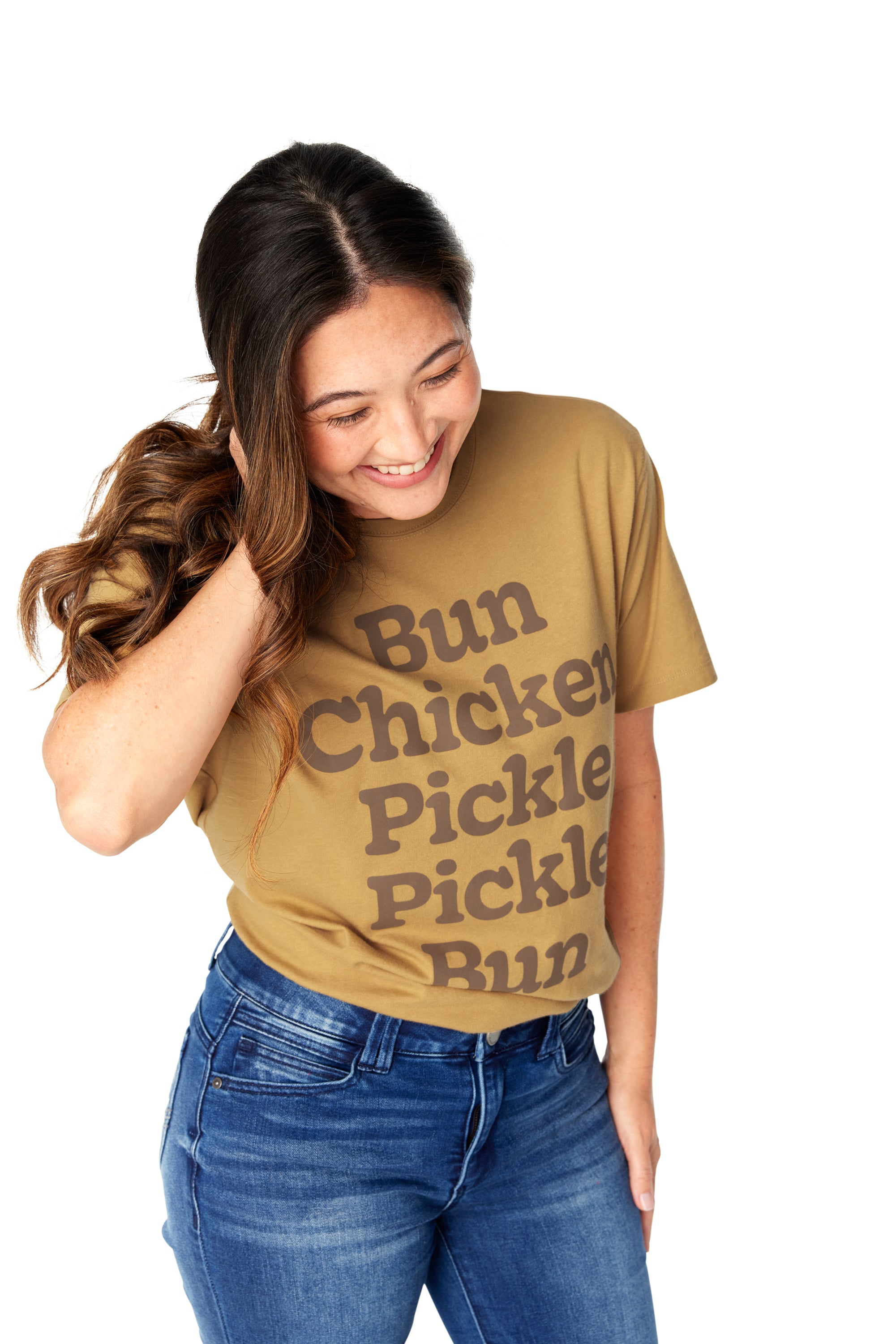 Woman standing wearing Bun Chicken Pickle Pickle Bun Tee