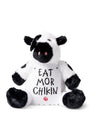 Black and white sitting soft Cuddly Plush Cow wearing sign that says "EAT MOR CHIKIN"