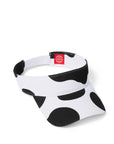 Black and white cow print visor with red interior tag