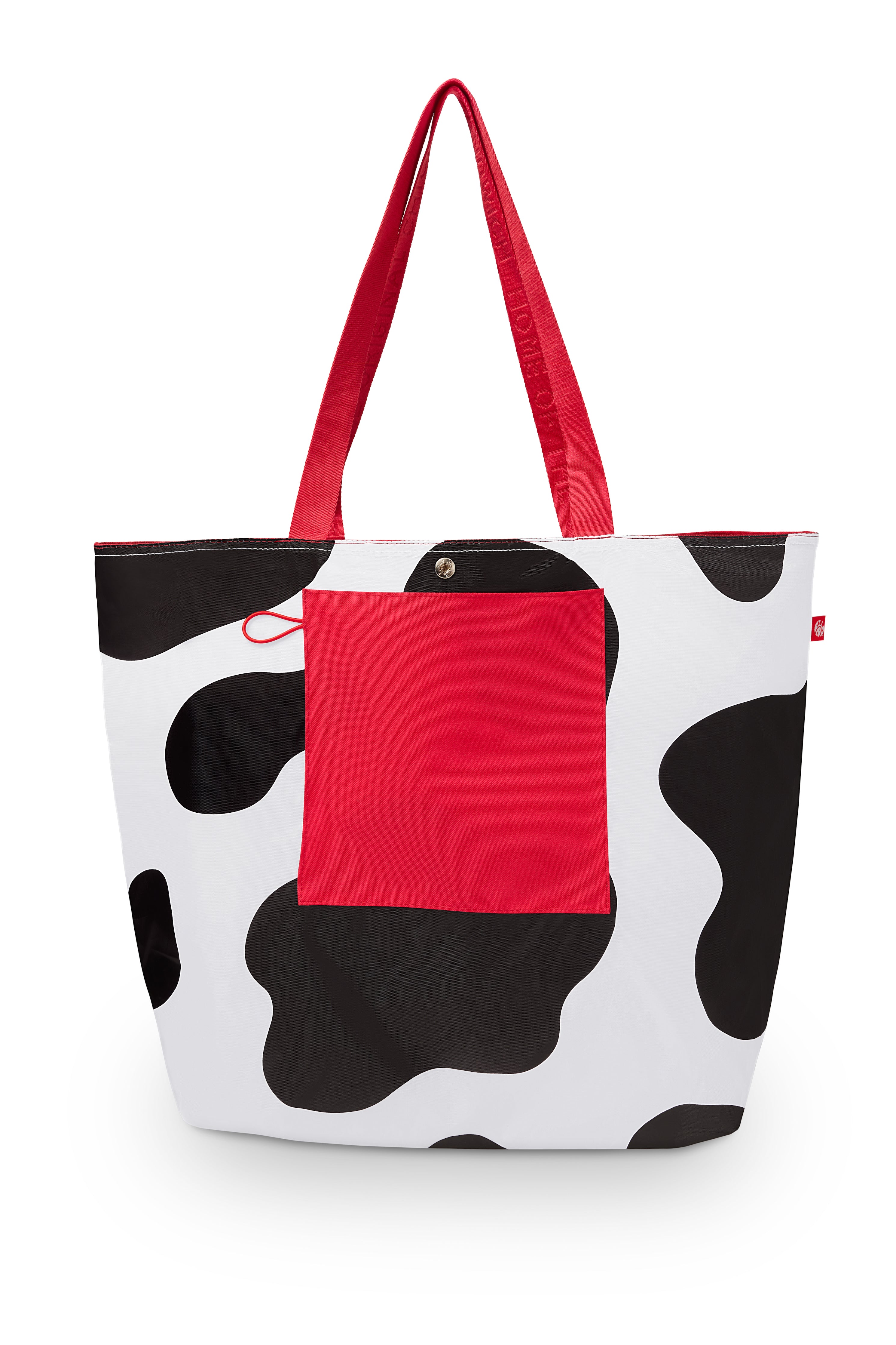 Filled black and white cow print with red pocket and handles Oversized Tote Bag