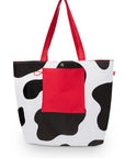 Filled black and white cow print with red pocket and handles Oversized Tote Bag