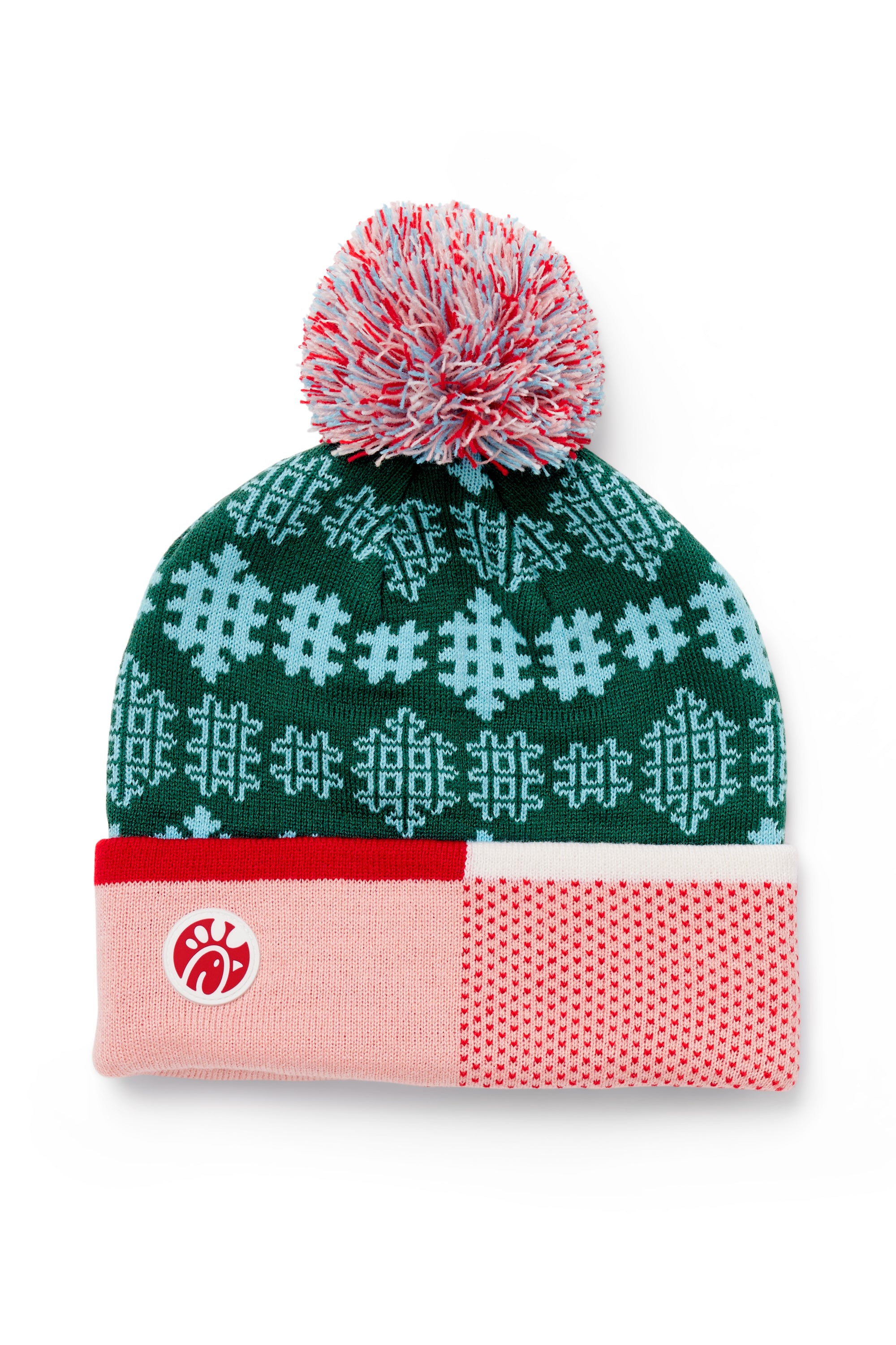 Festive Fun Pom Beanie with waffle fry snowflake pattern and silicone Chick-fil-A logo on cuff