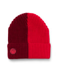 Two-tone Chick-fil-A Cuffed Knit Beanie in burgundy and bright red with silicone Chick-fil-A logo on cuff