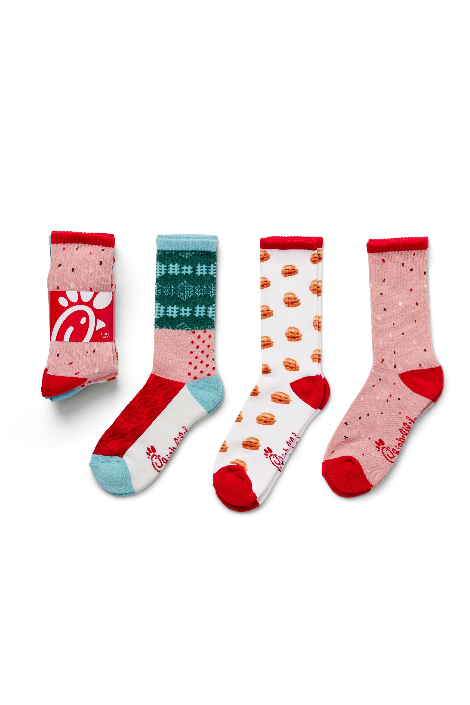 Festive Fun Socks 3-Pack bundle next to festive fun, chicken sandwich, and peppermint chip milkshake patterned socks laid out