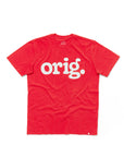 Orig. Garment Dyed Pocket Tee in bright red with “orig.” printed in white
