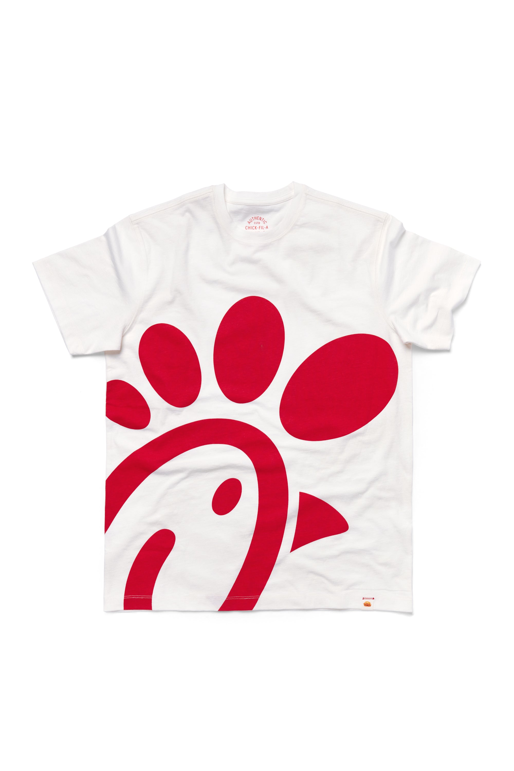 Chick-fil-A Logo Print Tee with large red Chick-fil-A logo in bottom right