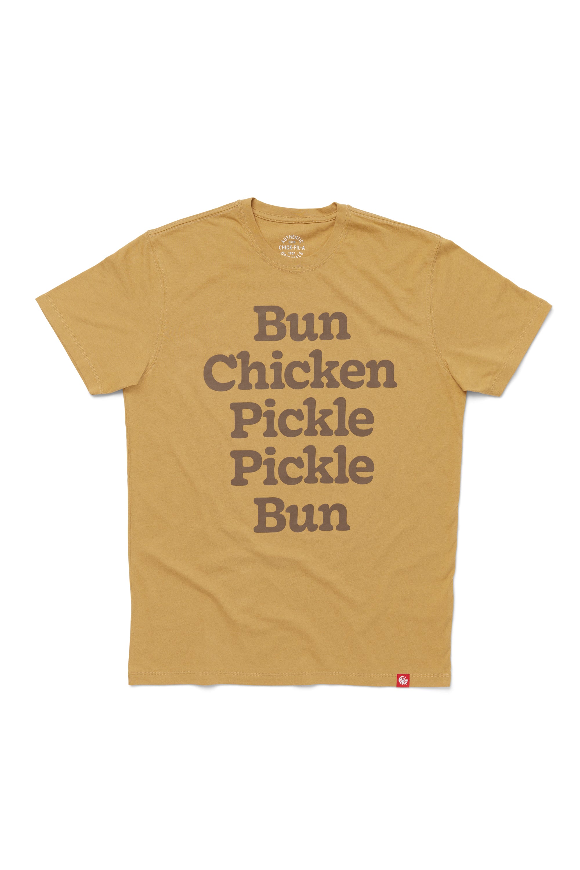 Bun Chicken Pickle Pickle Bun Tee with “Bun Chicken Pickle Pickle Bun” printed on the front stacked like a chicken sandwich