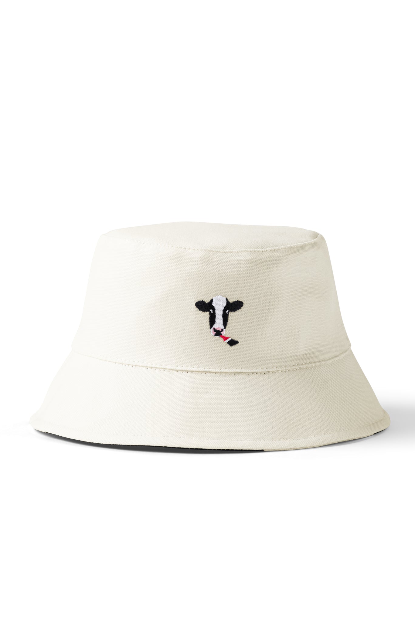 Reverse side of Reversible Cow Print Bucket Hat with cow embroidery