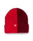 Back of two-toned Chick-fil-A Cuffed Knit Beanie in burgundy and bright red with red and white heart waffle fry tag on cuff