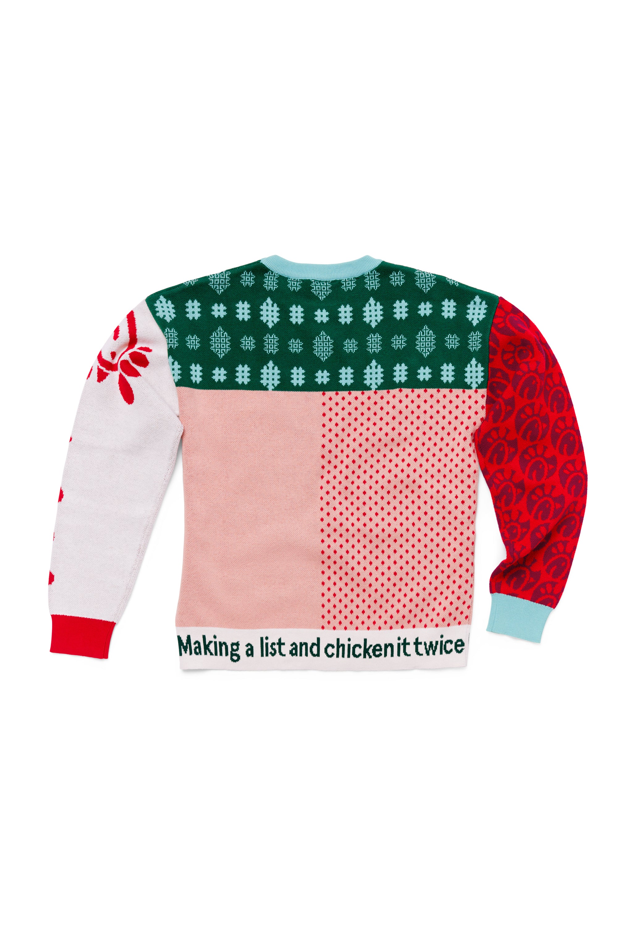 Back of Festive Fun Knit Sweater with festive waffle fry snowflake print colorblock body, Chick-fil-a logo print sleeve, and Chick-fil-A script sleeve