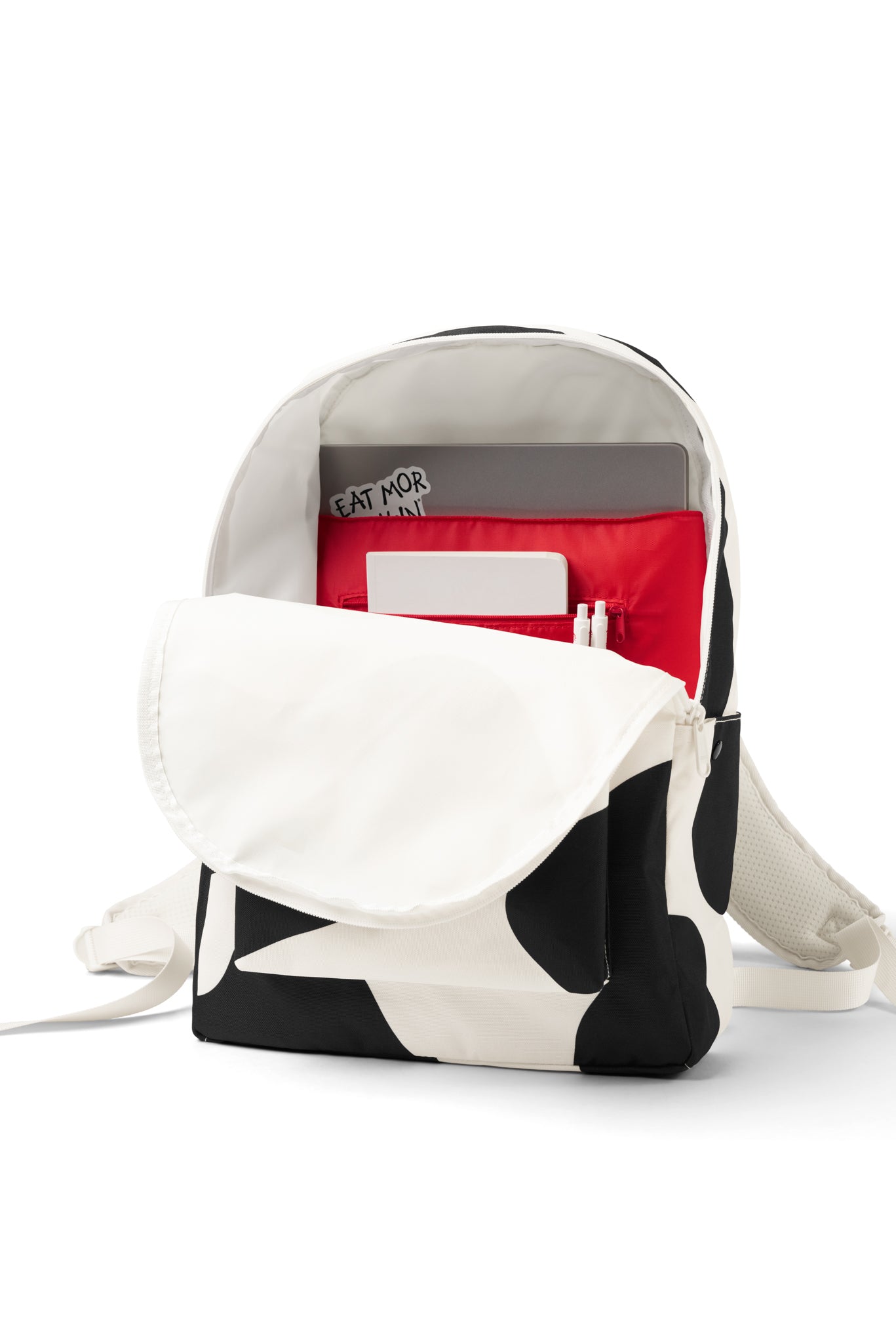 Open Cow Print Backpack with interior red pockets