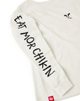 Close-up of the sleeve of the Eat Mor Chikin® Kids Graphic Long Sleeve Shirt