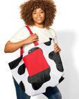 Woman with brunette curly hair wearing cow print Reversible Oversized Tote Bag