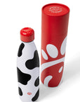 Black and white cow print Insulated Water Bottle with red lid shown with red tube gift packaging