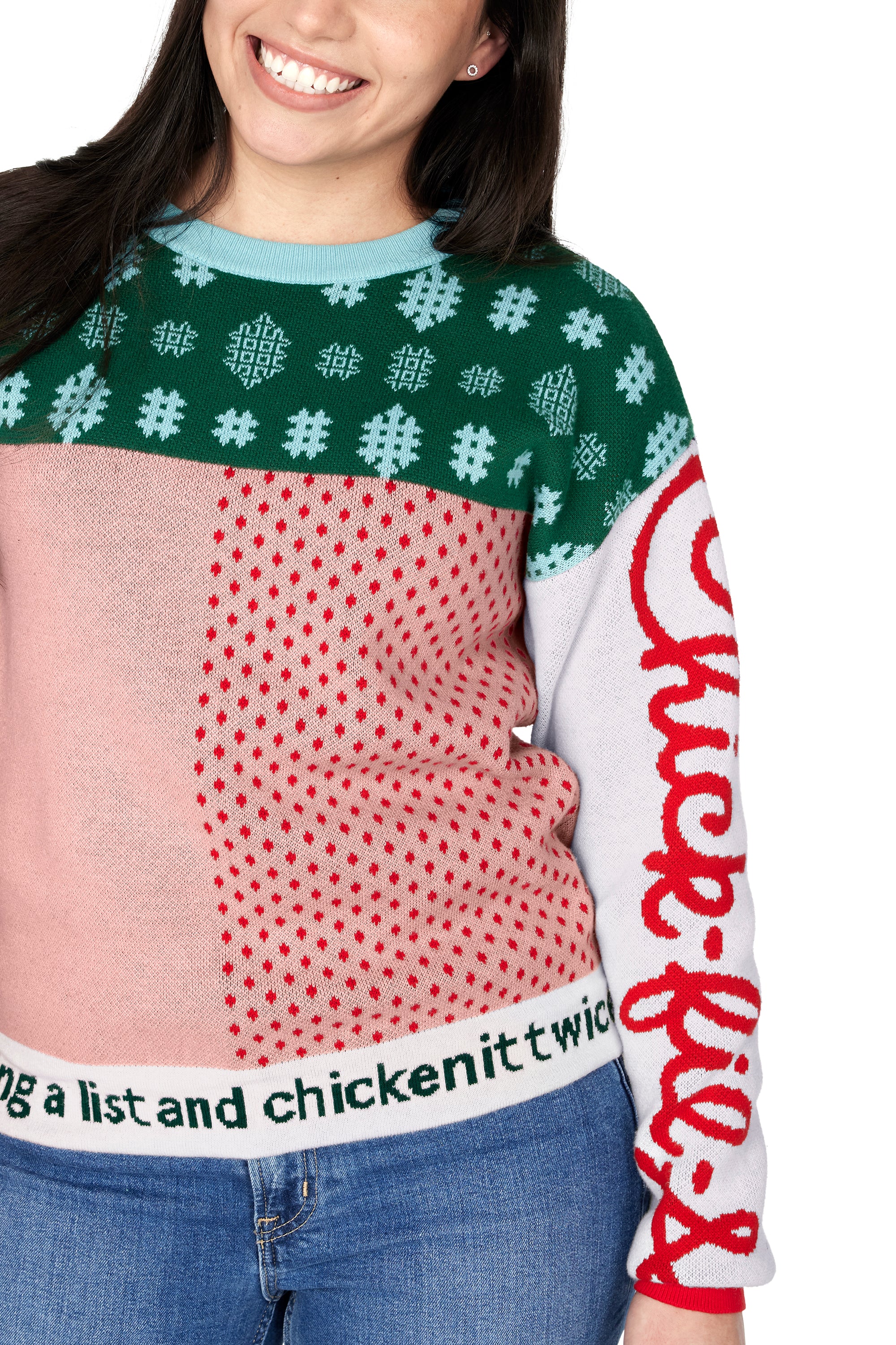 Woman wearing Festive Fun Knit Sweater showing off “Making a list and chicken it twice” waistband