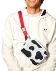 Man wearing Lightweight Cow Pullover and Cow Print Belt Bag