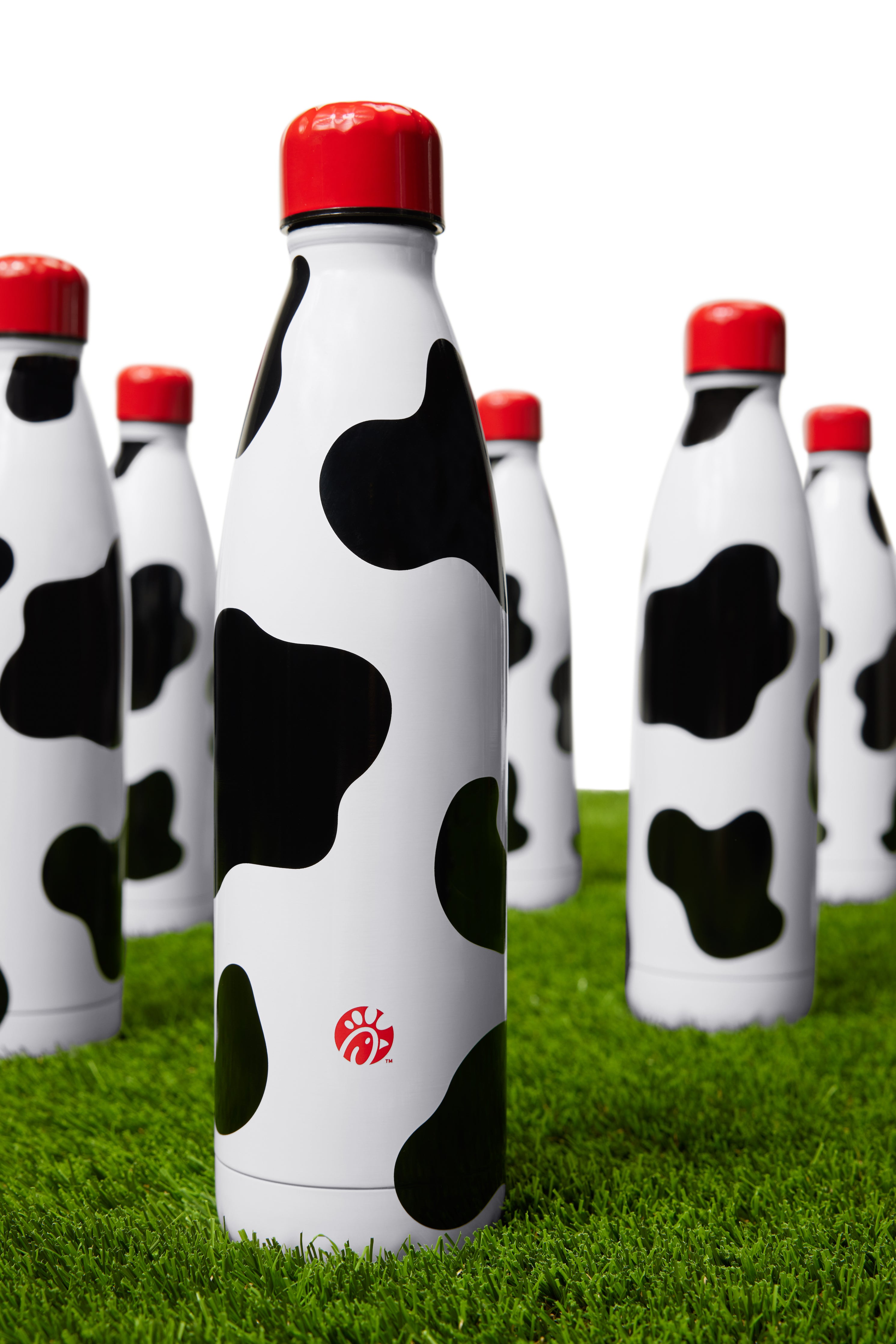 Multiple black and white cow print Insulated Water Bottles with red lids shown standing on green turf