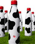 Multiple black and white cow print Insulated Water Bottles with red lids shown standing on green turf