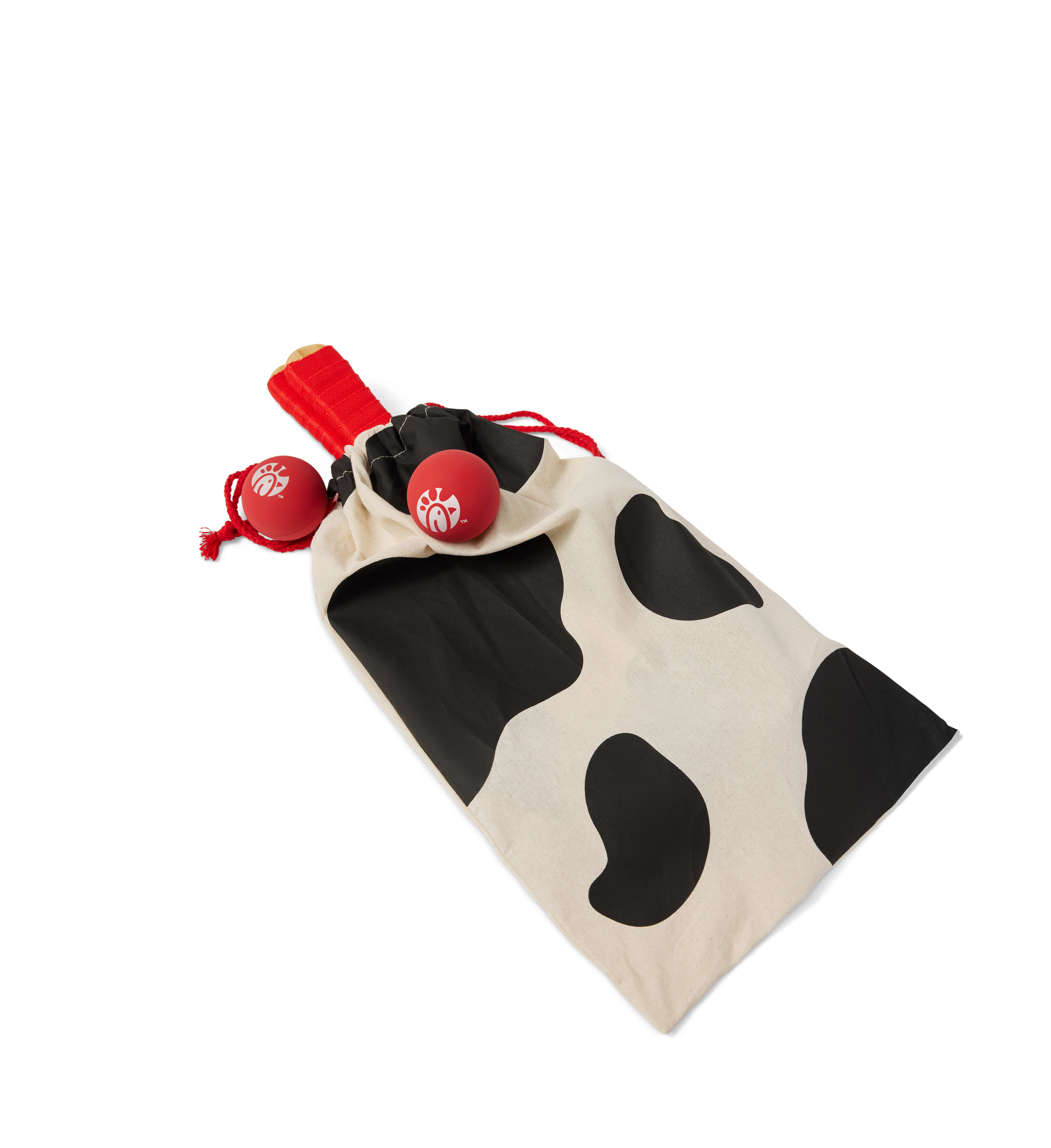 Overhead photograph of Paddle Ball Set in natural canvas and black cow print drawstring bag