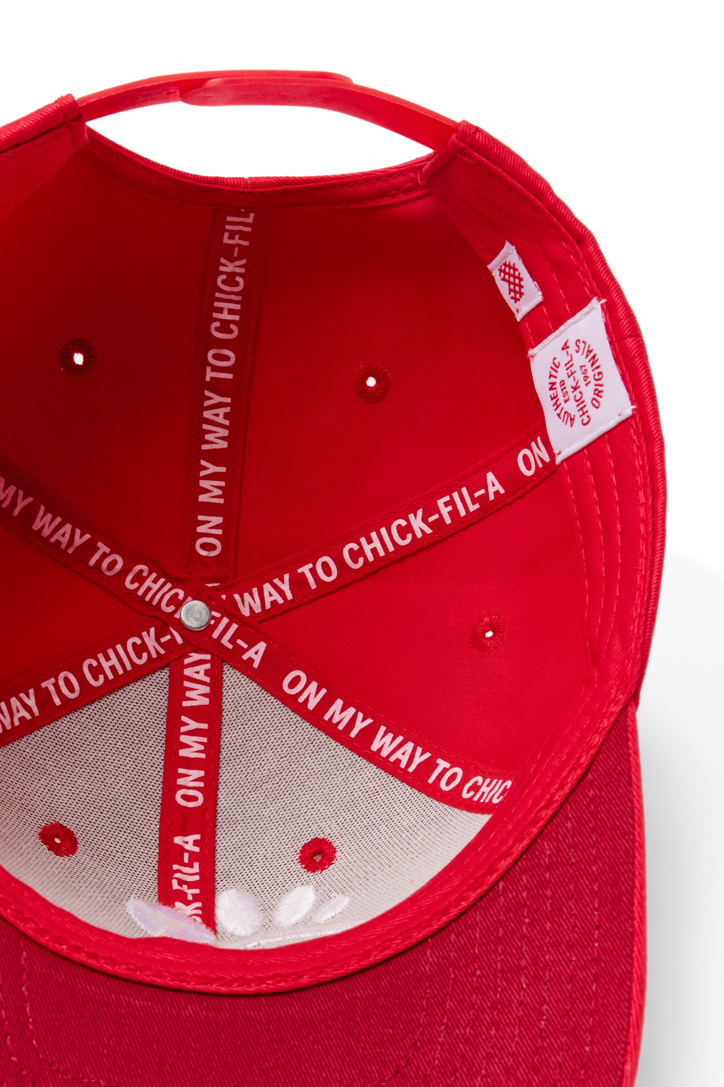 Inside of Classic Chick-fil-A Embroidered Hat showing “On my way to Chick-fil-A” tape detail