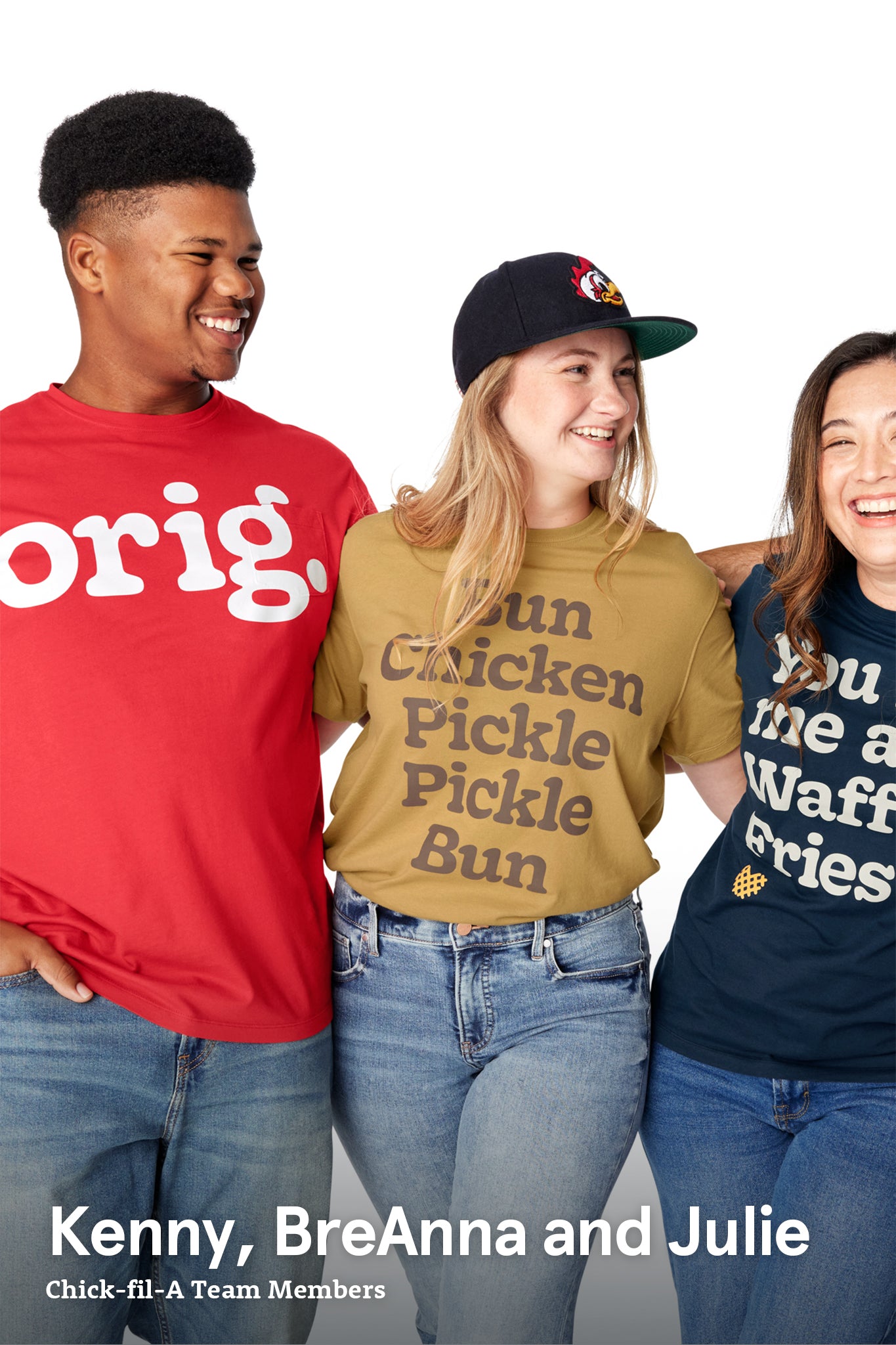 Man wearing Orig. Garment Dyed Pocket Tee, woman wearing Bun Chicken Pickle Pickle Bun Tee, and woman wearing Waffle Fry Cotton Jersey Tee with arms wrapped around each other