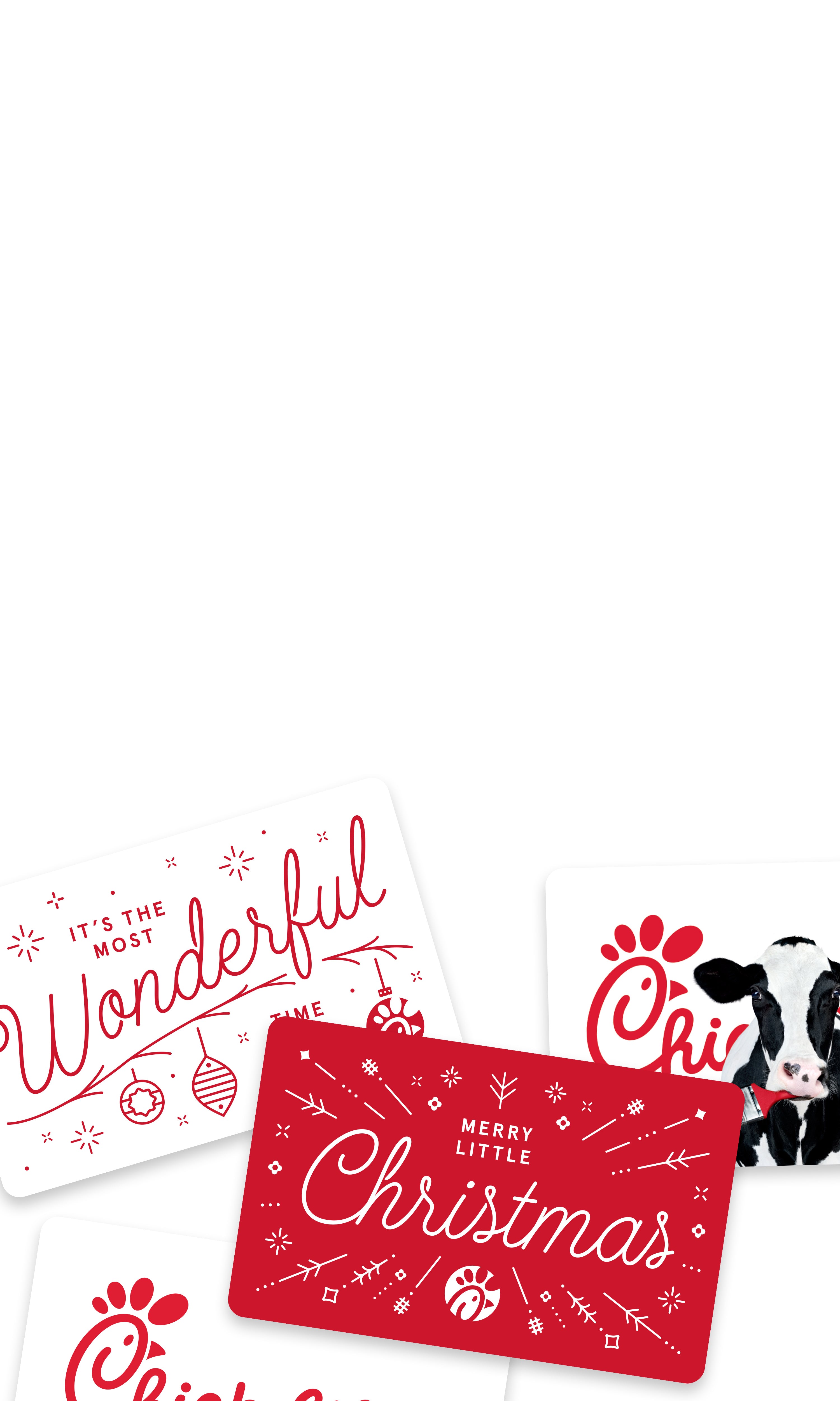 Overhead of four holiday-themed Chick-fil-A Restaurant Gift Cards 