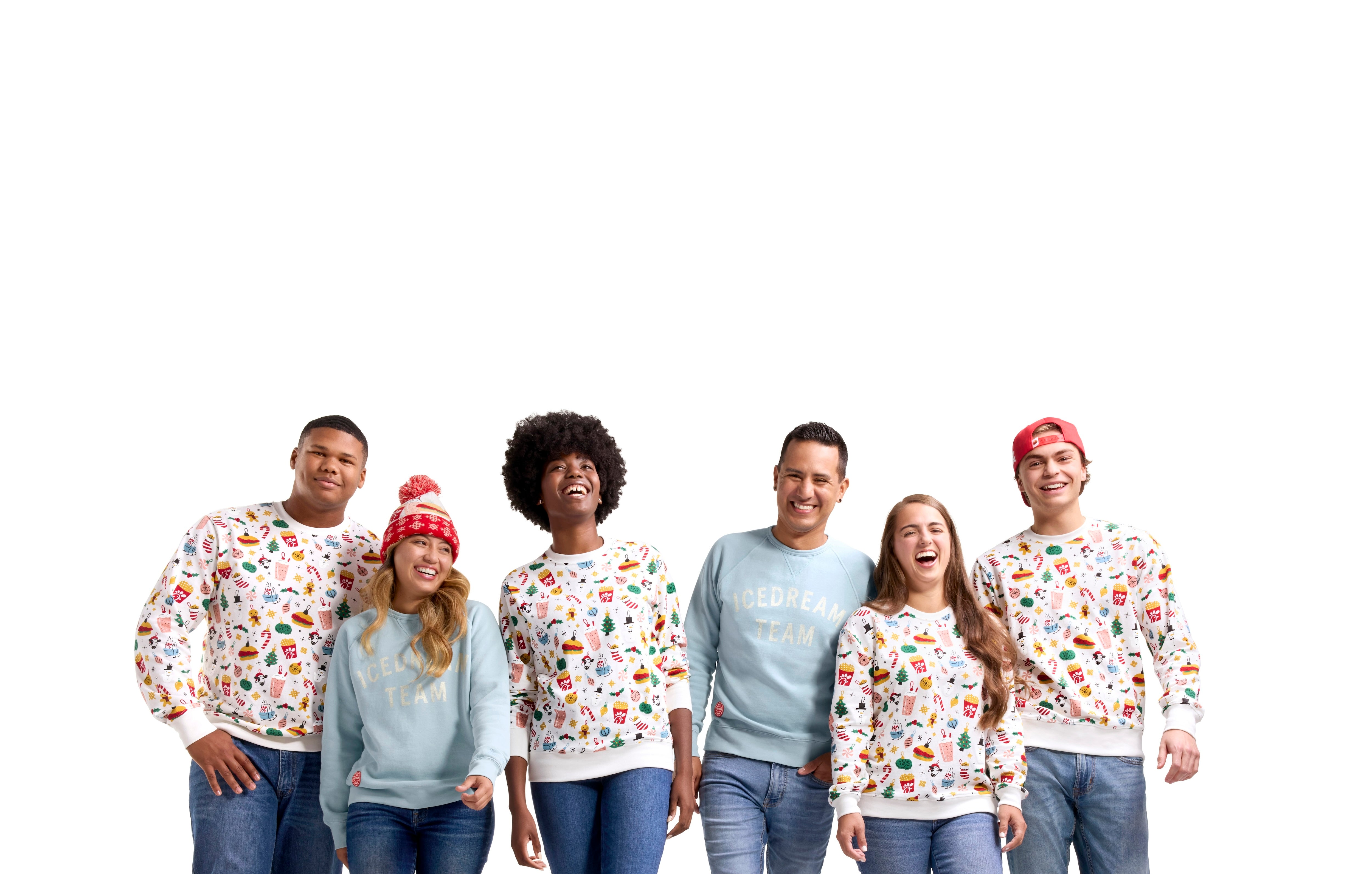 Group of six people smiling and wearing Holiday Adult Crewneck and Icedream Team Crewneck 