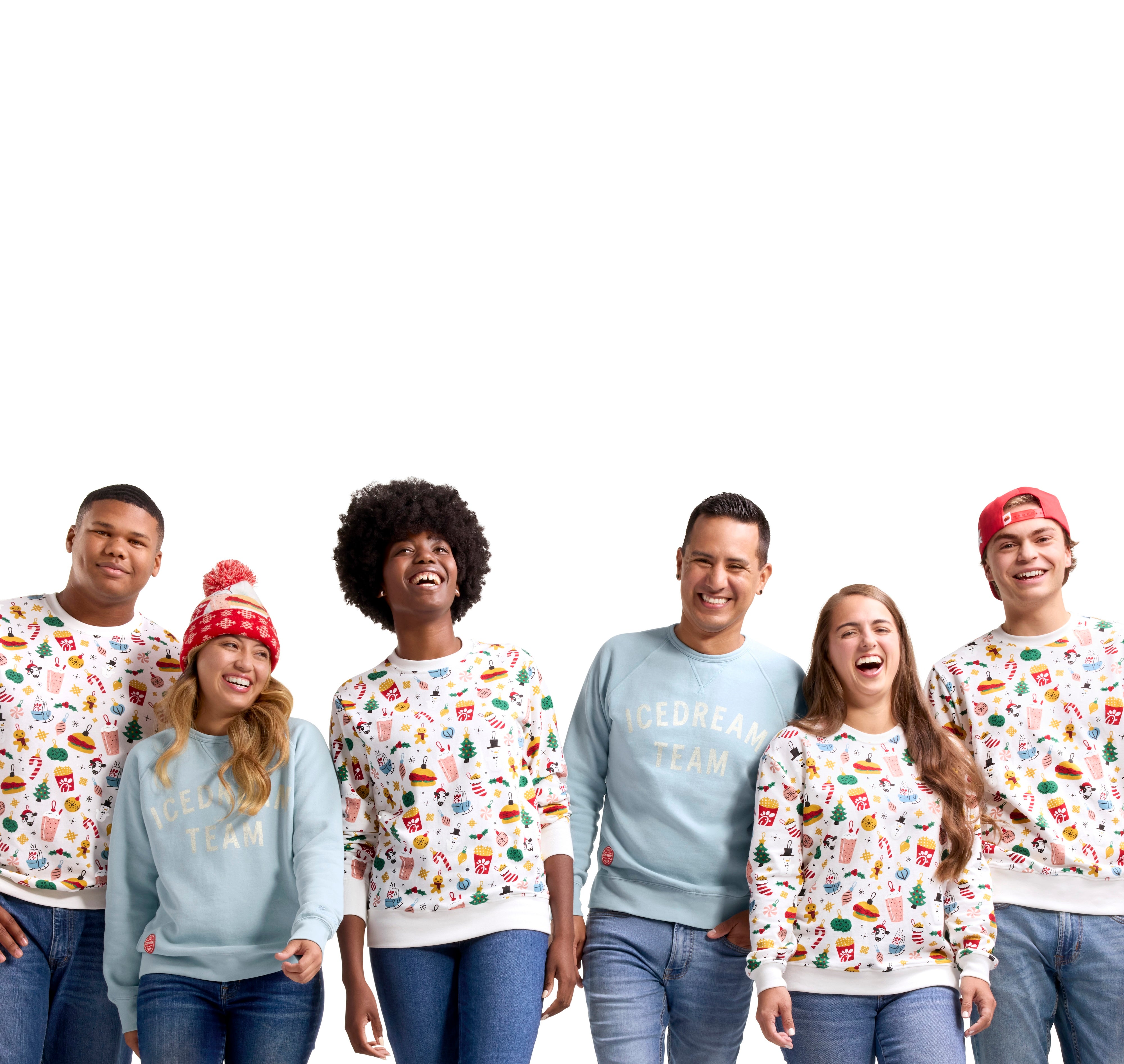 Group of six people smiling and wearing Holiday Adult Crewneck and Icedream Team Crewneck 