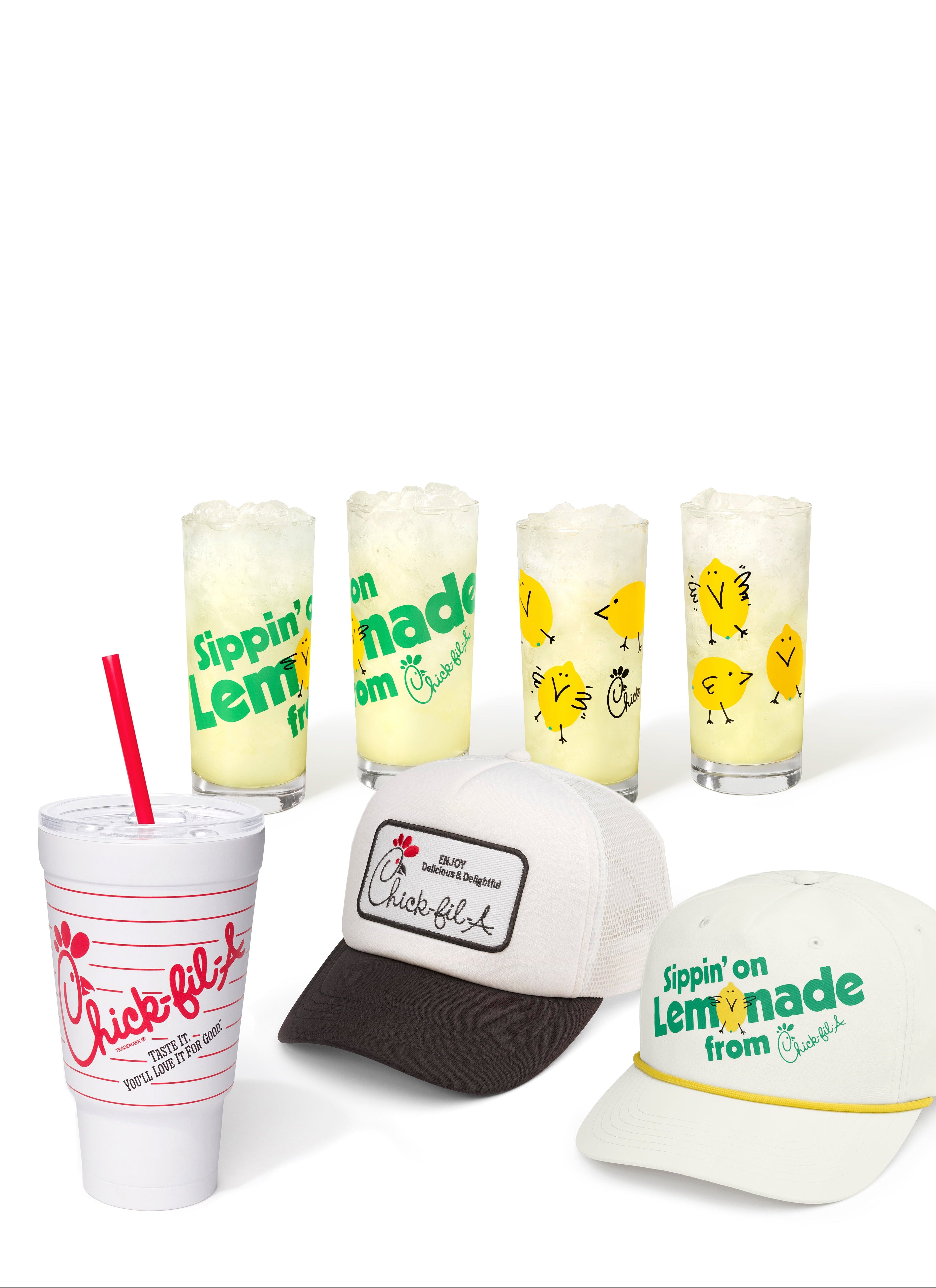 Chick-fil-A branded items including cups, hats, and glasses on a white background