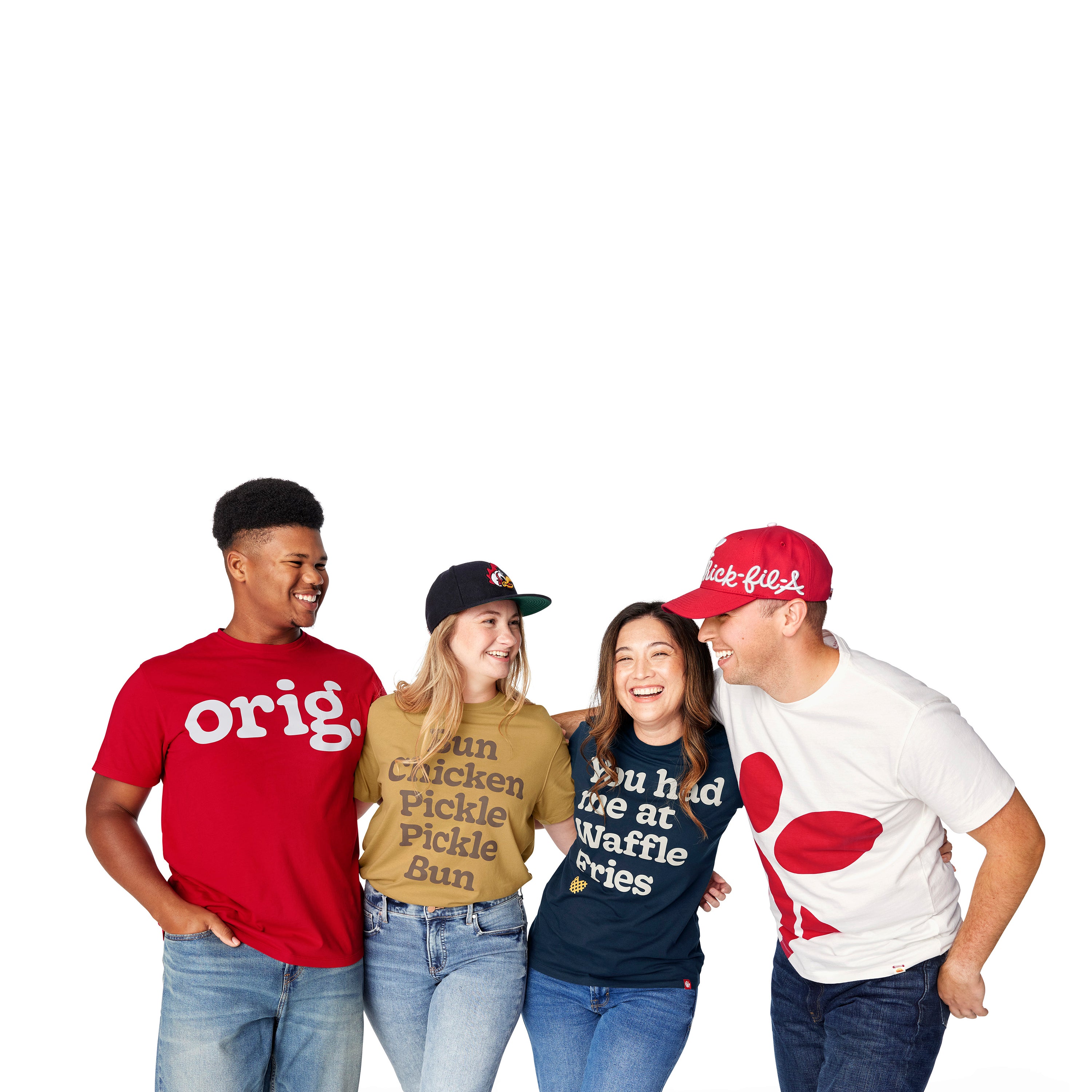 Man in Orig. Garment Dyed Pocket Tee, woman in Bun Chicken Pickle Pickle Bun Tee, woman in Waffle Fry Cotton Jersey Tee, and man in Chick-fil-A Logo Print Tee with arms around each other