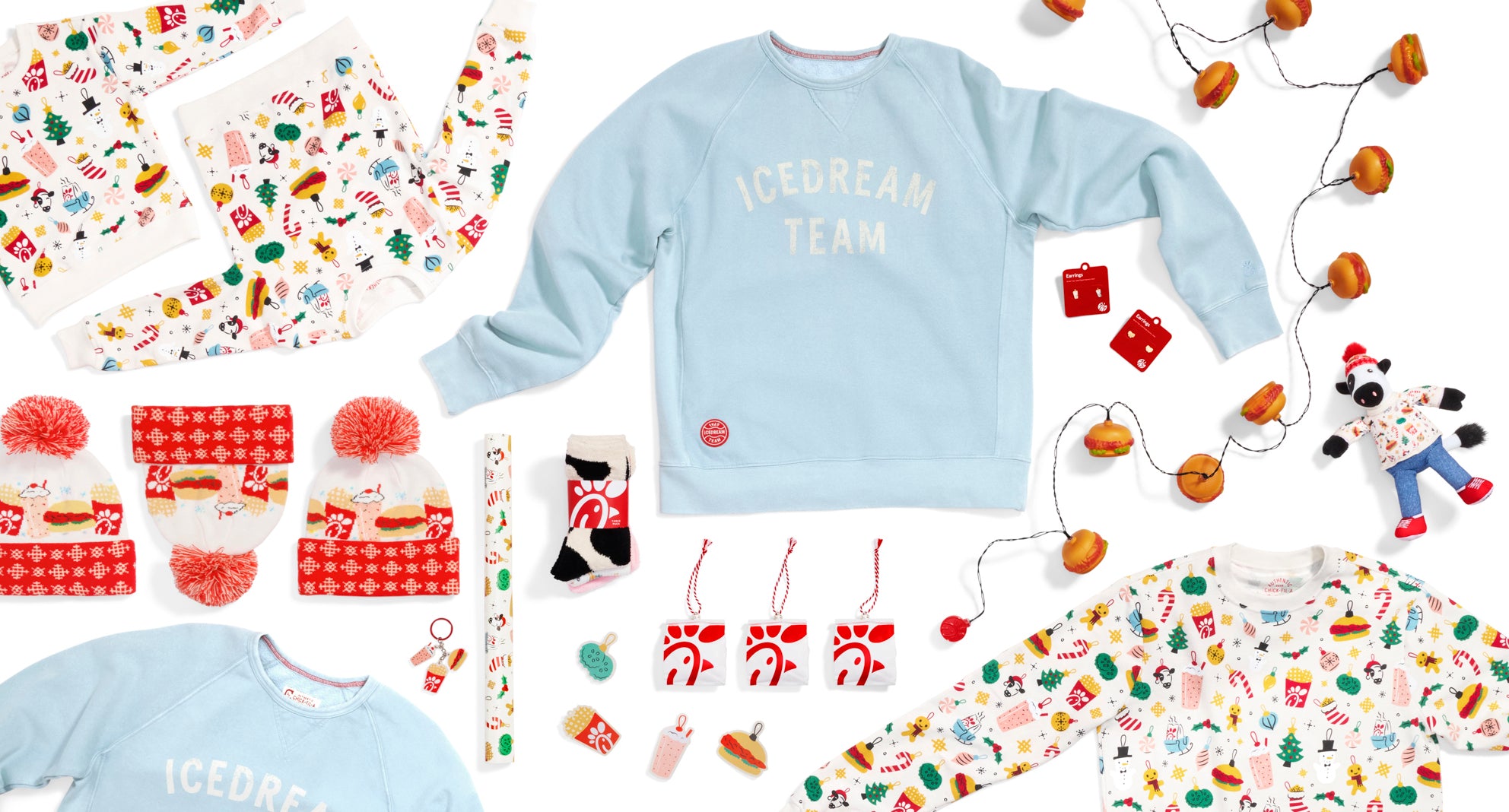 Group of products: Holiday Kids Crewneck, Icedream Team Crewneck, Original Chick-fil-A® Chicken String Lights, Holiday Pom Beanie, Holiday Gift Wrap and Tag Set, Merry Mix Socks - 3 Pack, Original Chicken Sandwich Ornament, Holiday Adult Crewneck