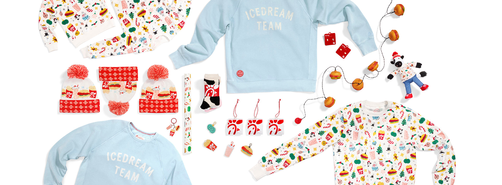 Group of products: Holiday Kids Crewneck, Icedream Team Crewneck, Original Chick-fil-A® Chicken String Lights, Holiday Pom Beanie, Holiday Gift Wrap and Tag Set, Merry Mix Socks - 3 Pack, Original Chicken Sandwich Ornament, Holiday Adult Crewneck