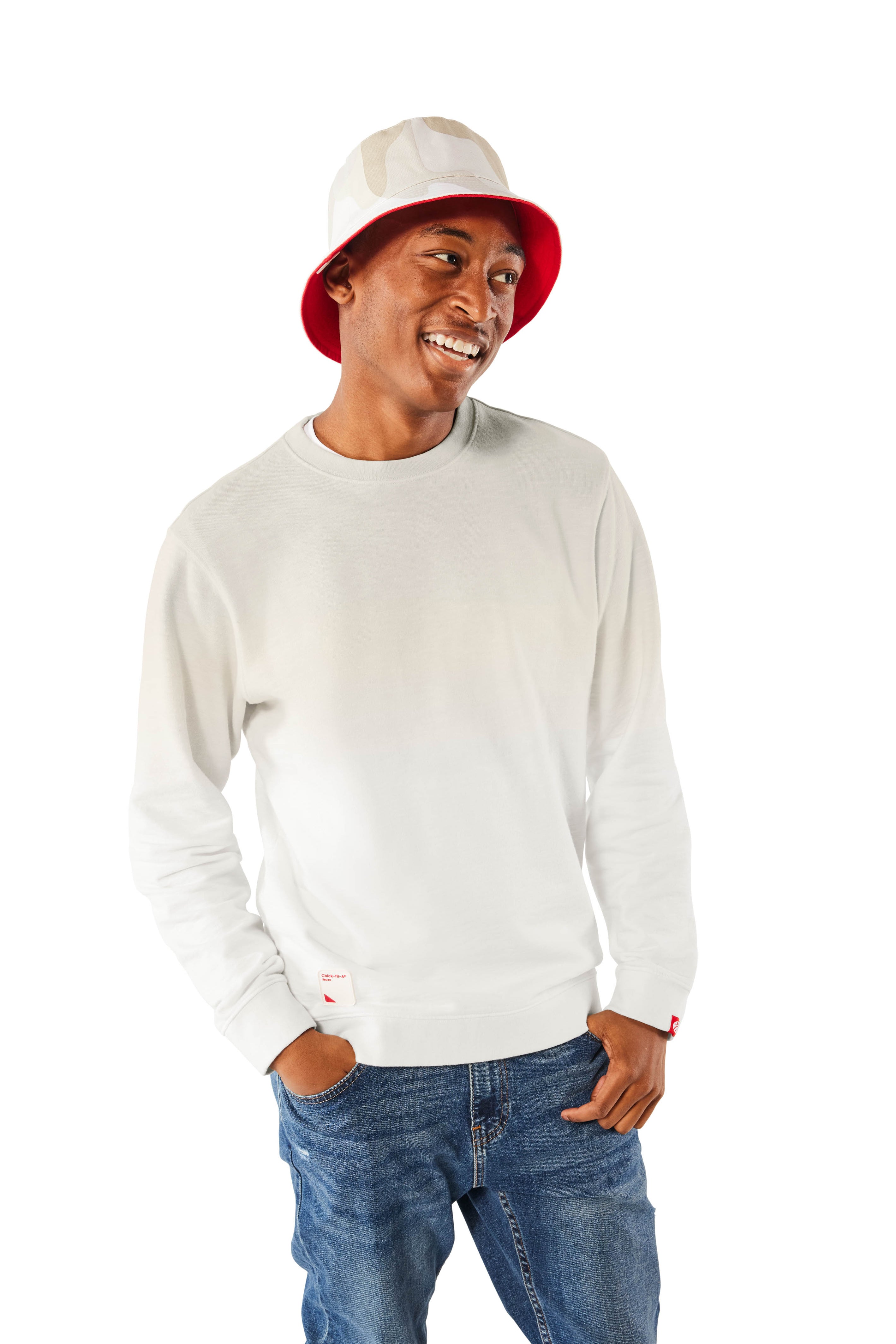 Light gray and cream Ombre Crewneck - Chick-fil-A Sauce on man