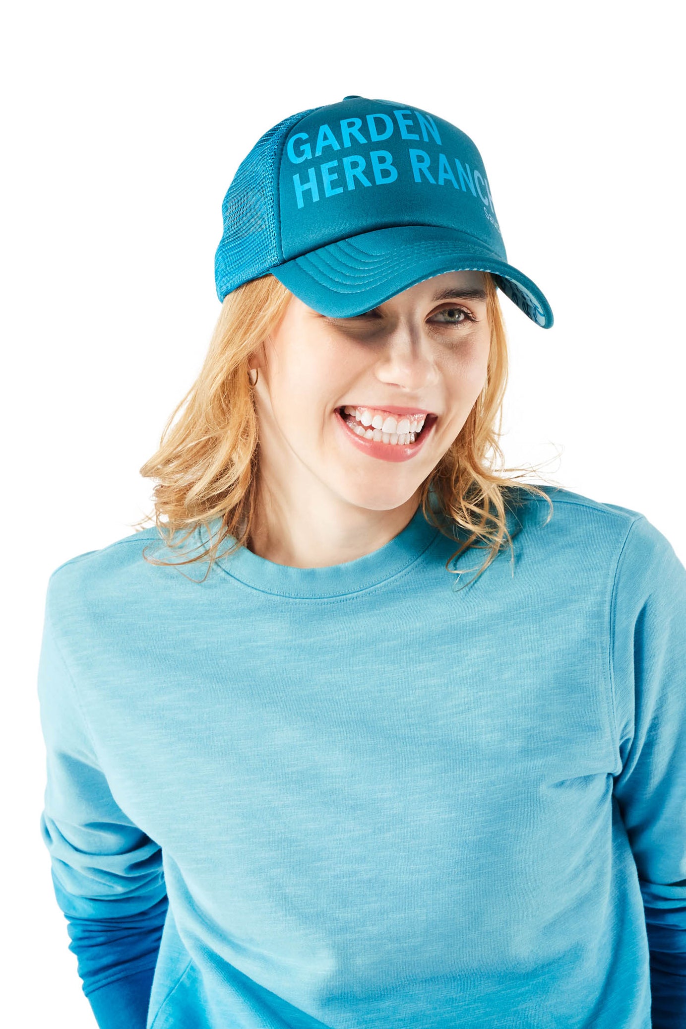 Blue Ombre Crewneck - Garden Herb Ranch on woman wearing blue Trucker Hat