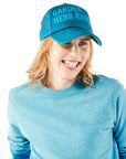 Blue Ombre Crewneck - Garden Herb Ranch on woman wearing blue Trucker Hat