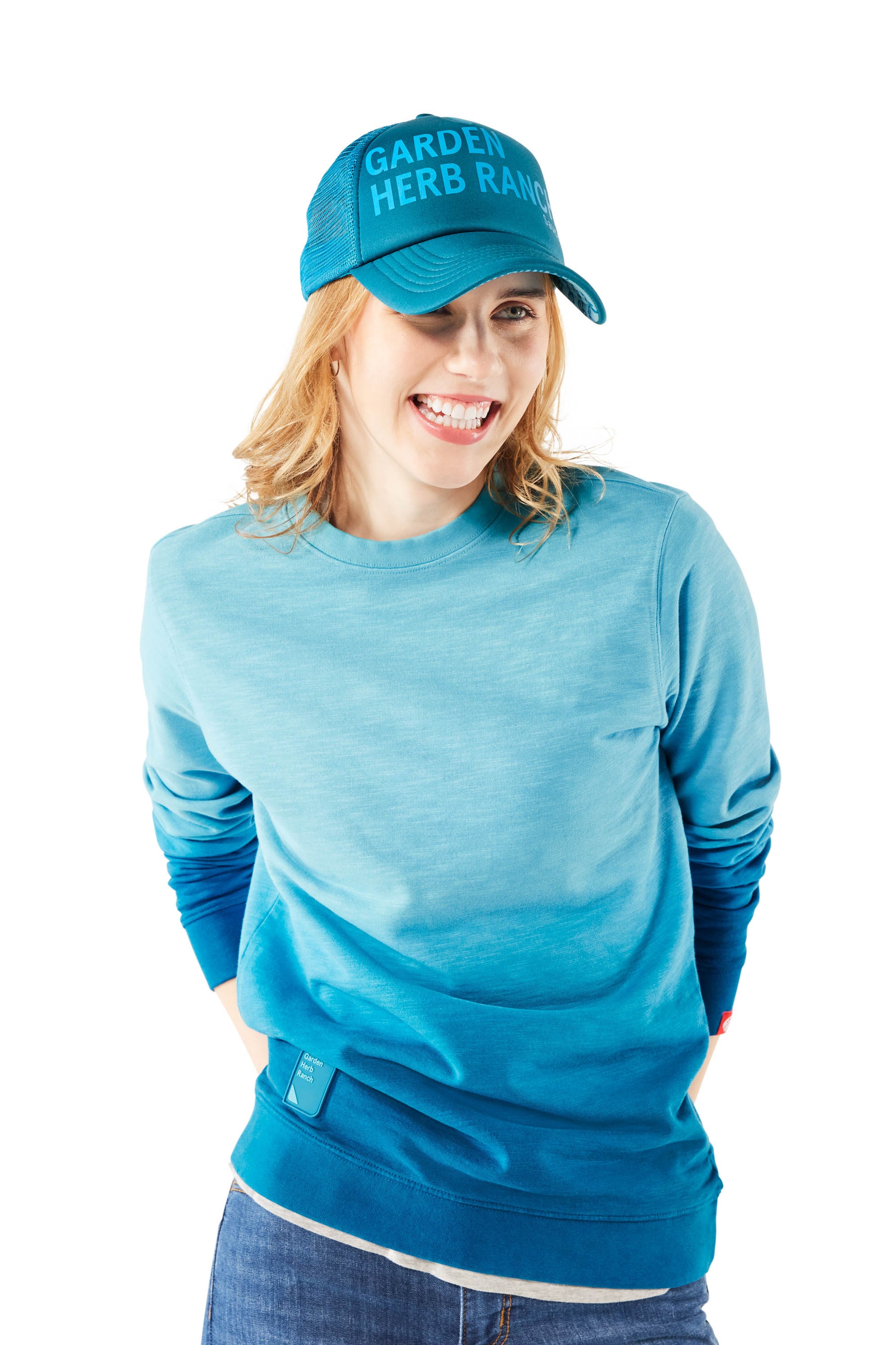 Blue Ombre Crewneck - Garden Herb Ranch on woman wearing blue Trucker Hat