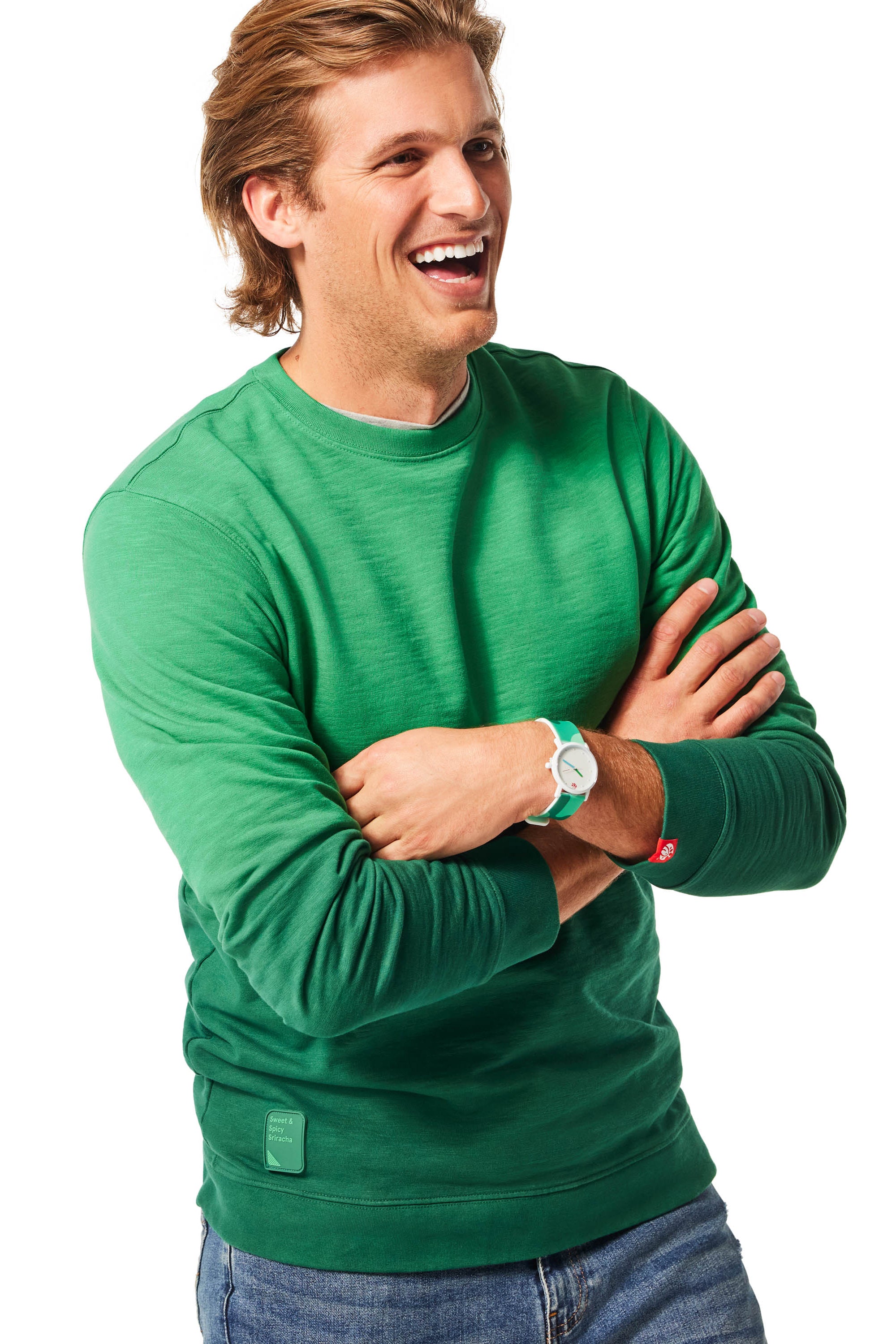 Green Ombre Crewneck - Sweet & Spicy Sriracha on man wearing green Sauce Drip Watch