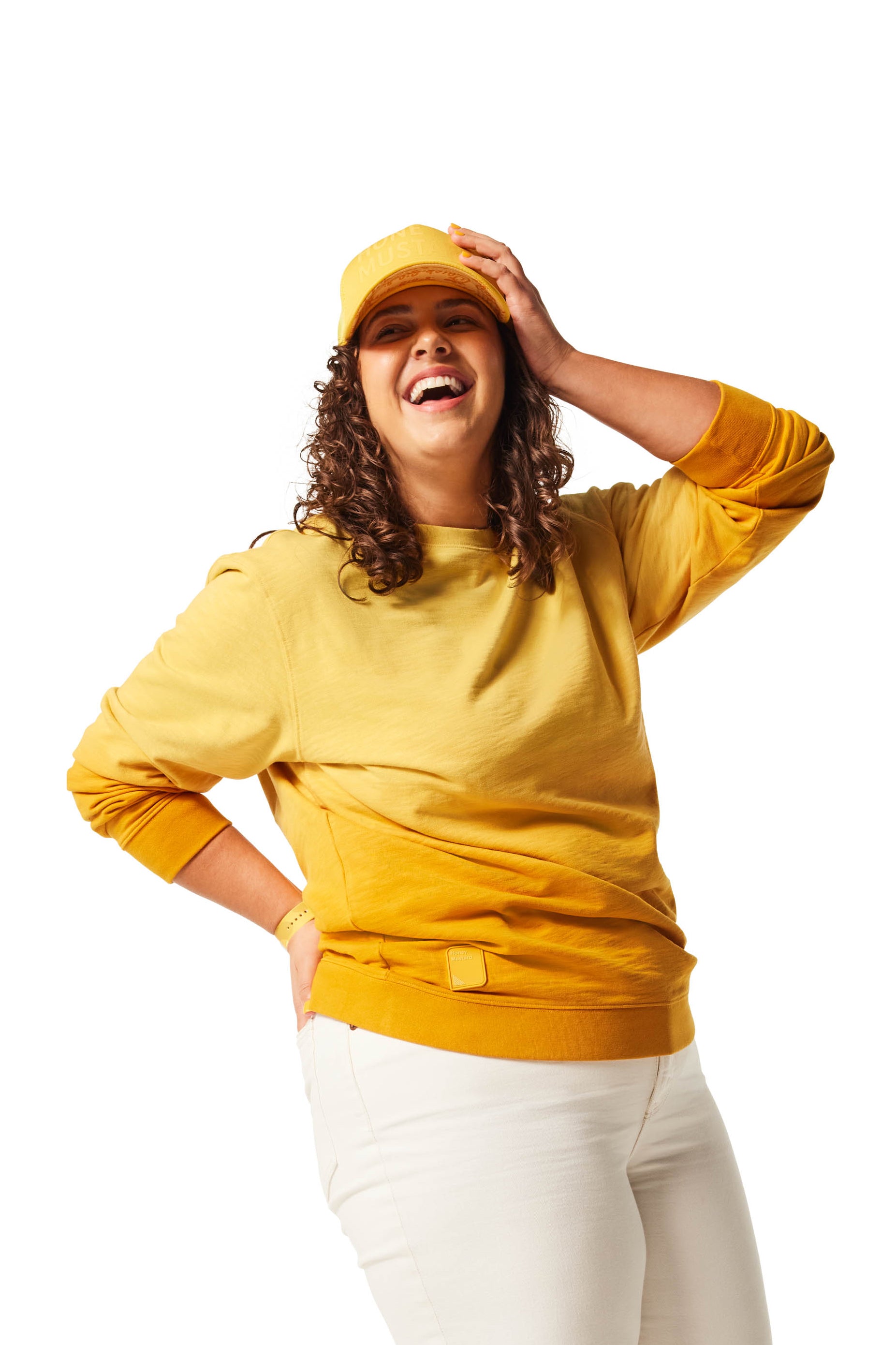 Yellow Ombre Crewneck - Honey Mustard on woman with brunette hair