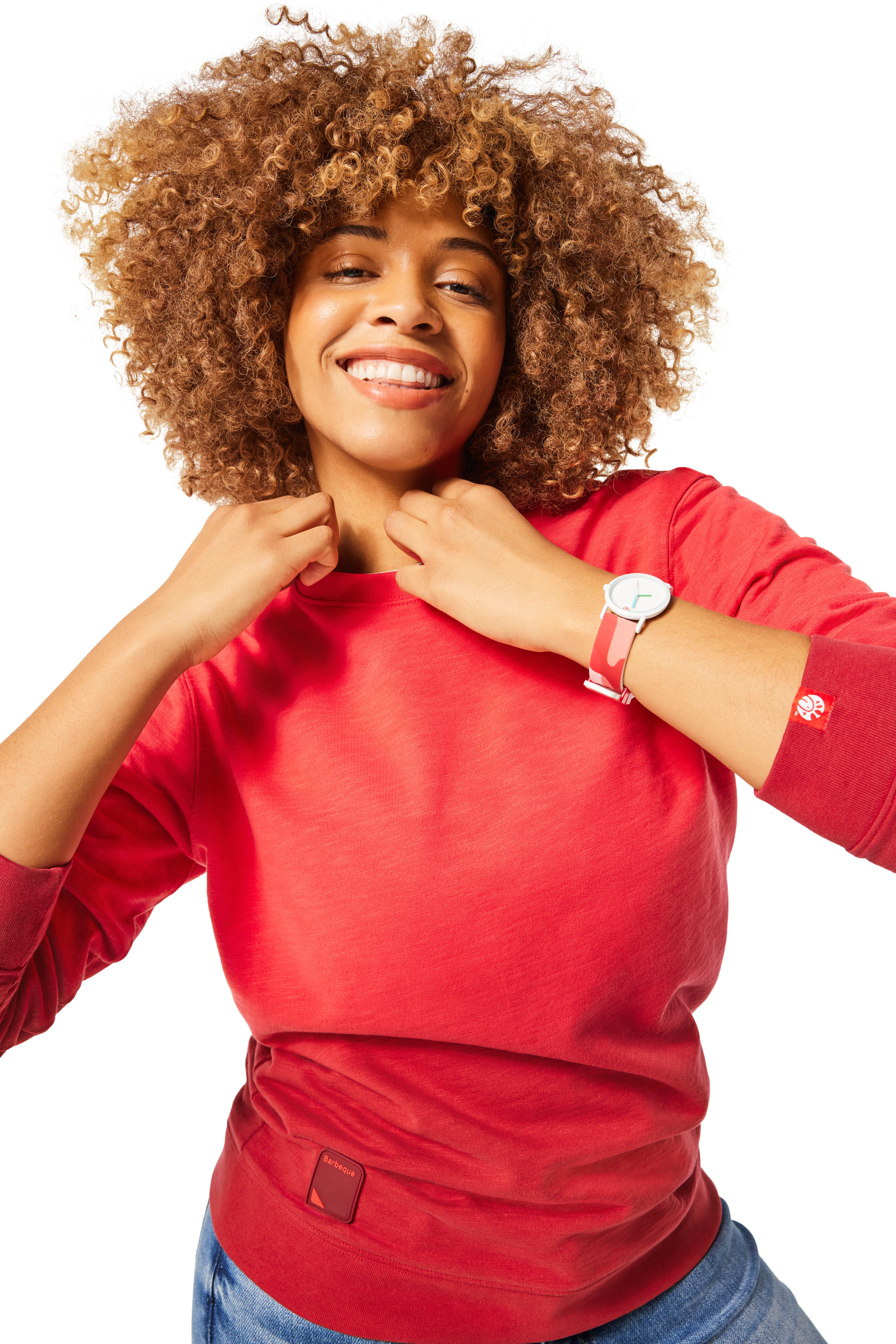 Red Ombre Crewneck - Barbeque on woman with curly brunette hair