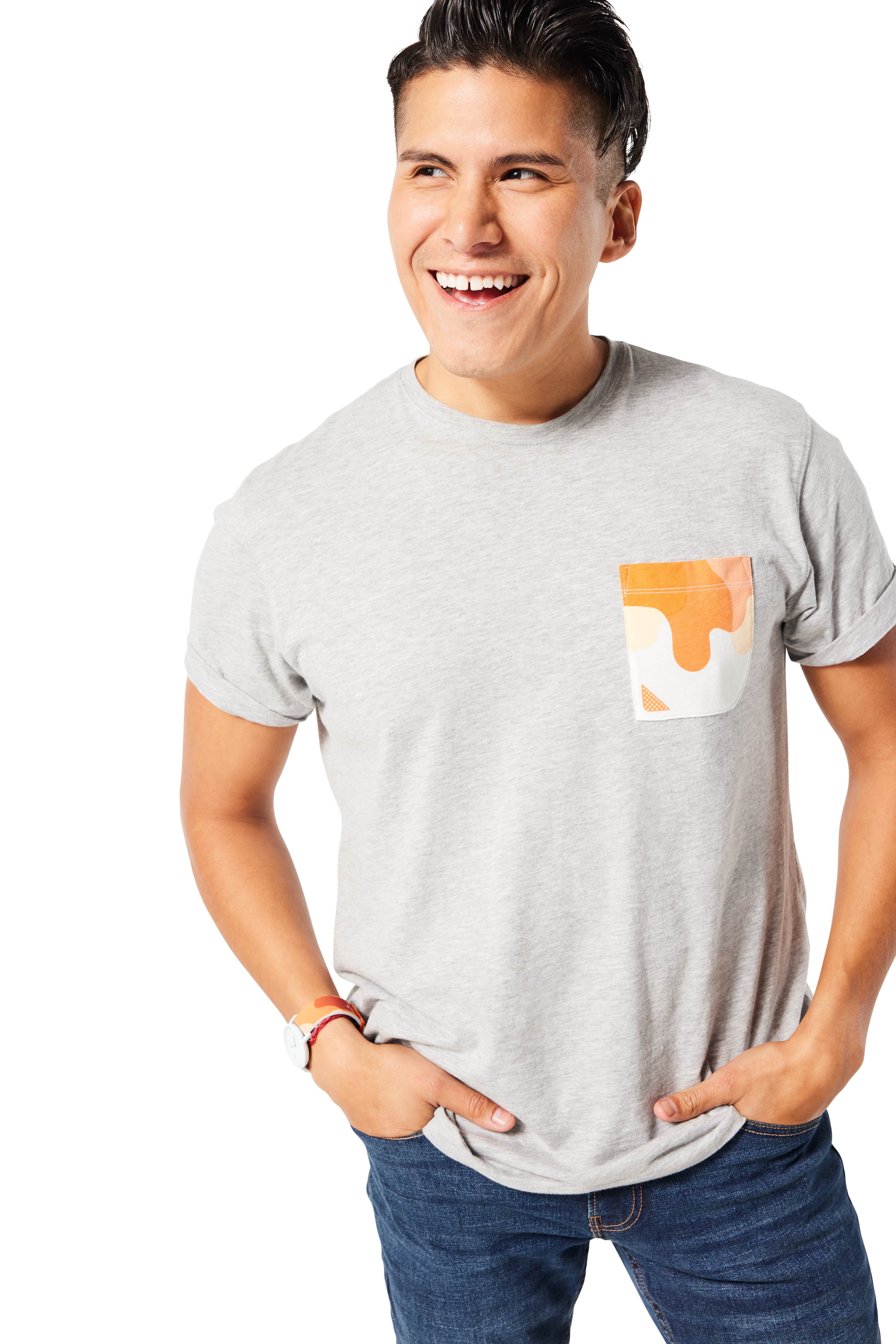 Gray and orange Sauce Drip Pocket Tee - Zesty Buffalo on man with brunette hair