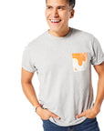 Gray and orange Sauce Drip Pocket Tee - Zesty Buffalo on man with brunette hair