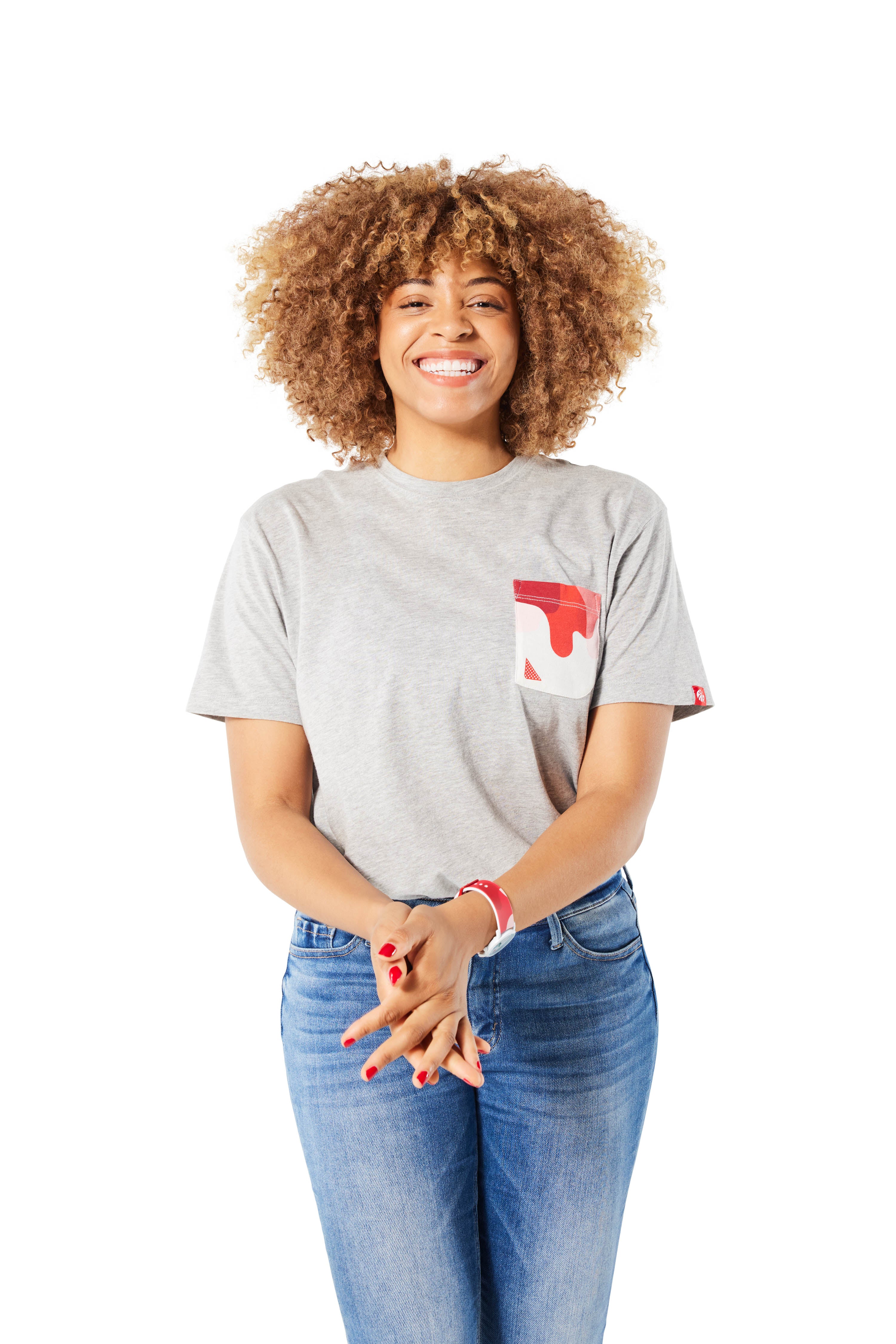 Gray and red Sauce Drip Pocket Tee - Barbeque on woman with brunette hair