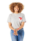 Gray and red Sauce Drip Pocket Tee - Barbeque on woman with brunette hair