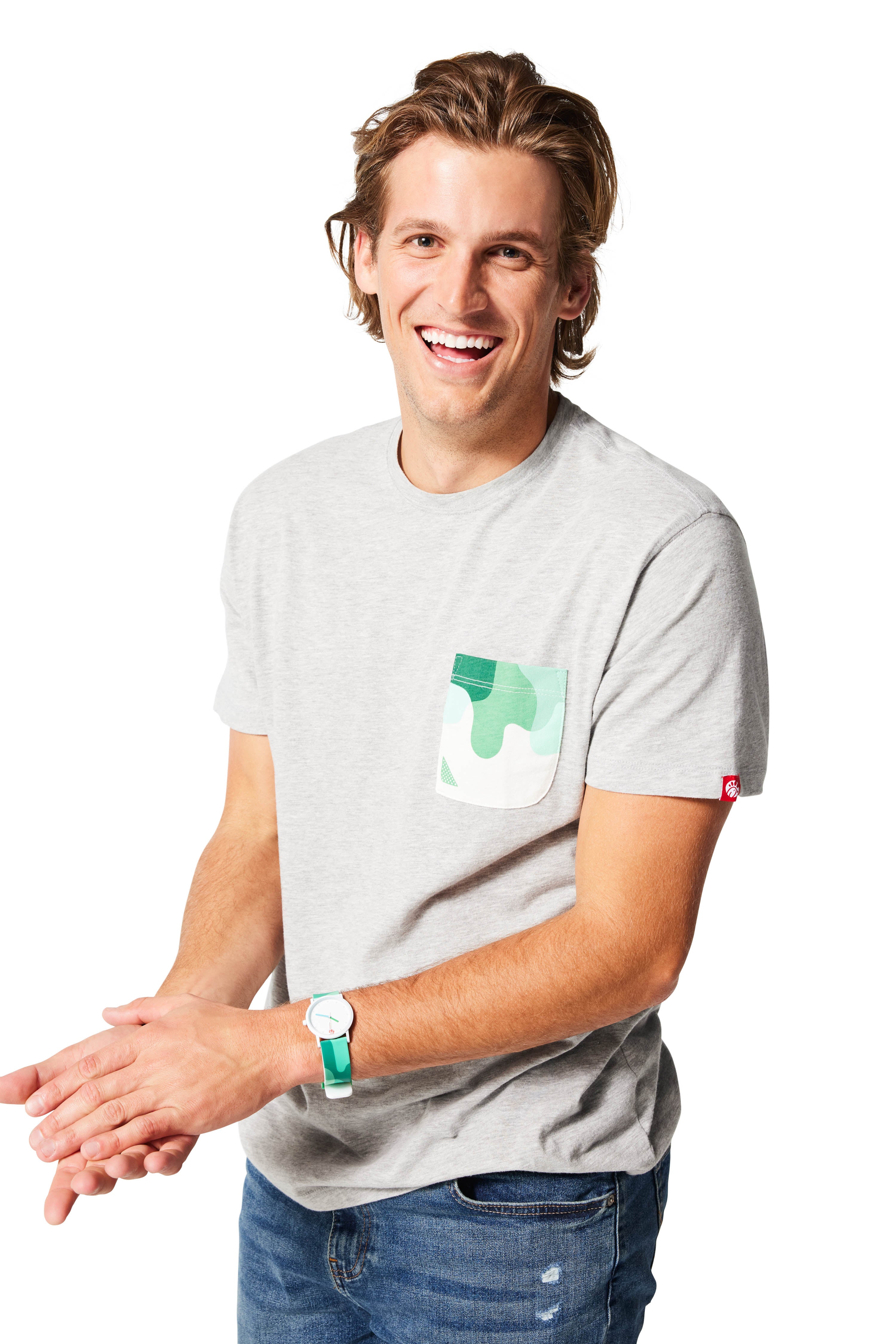 Gray and green Sauce Drip Pocket Tee - Sweet &amp; Spicy Sriracha on man with blonde hair