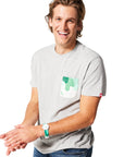 Gray and green Sauce Drip Pocket Tee - Sweet & Spicy Sriracha on man with blonde hair