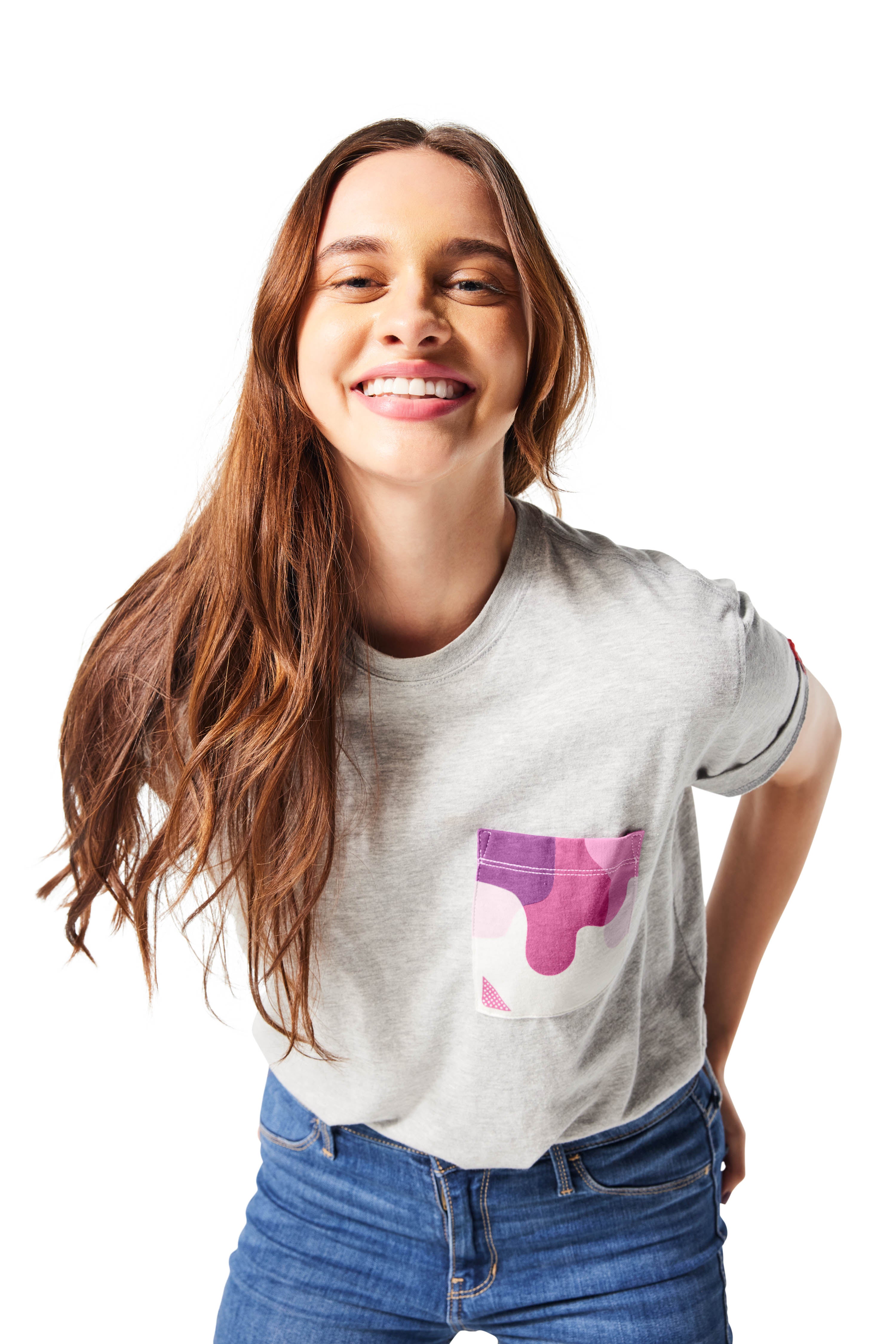 Gray and purple Sauce Drip Pocket Tee - Polynesian Sauce on woman with brunette hair