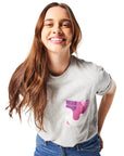 Gray and purple Sauce Drip Pocket Tee - Polynesian Sauce on woman with brunette hair